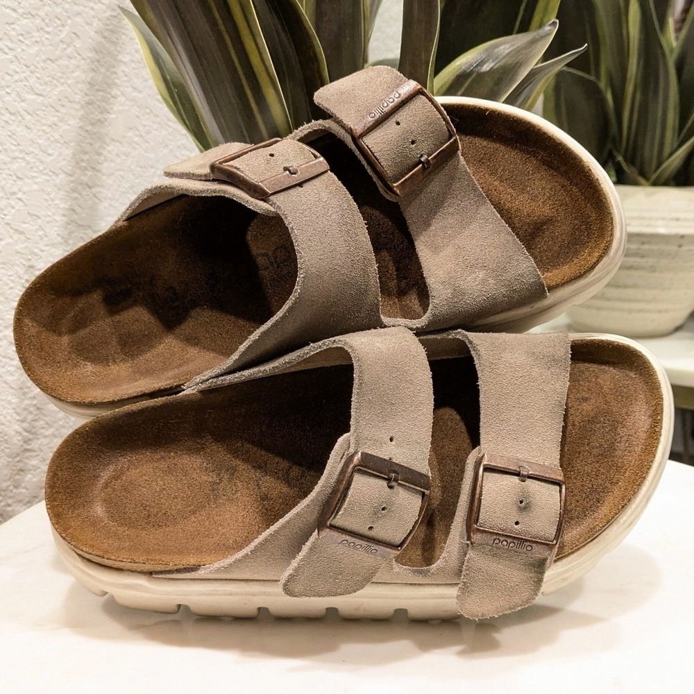 Papillio Birkenstock Arizona Grooved Sandals Women 37 Taupe Suede Platform - Picture 6 of 11